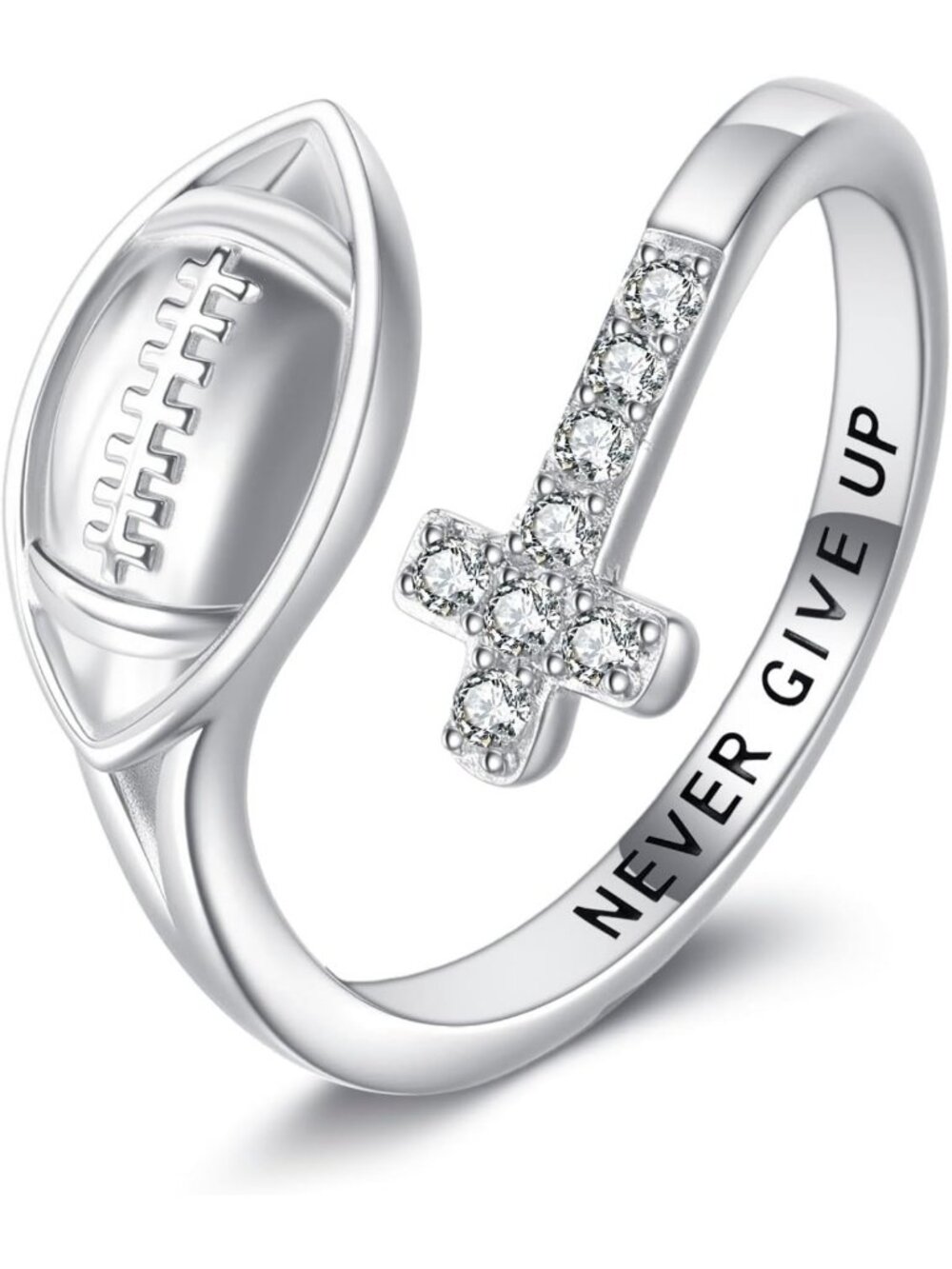Sterling Silver Adjustable Cross Sport Ring - Inspirational 'Never Give Up'